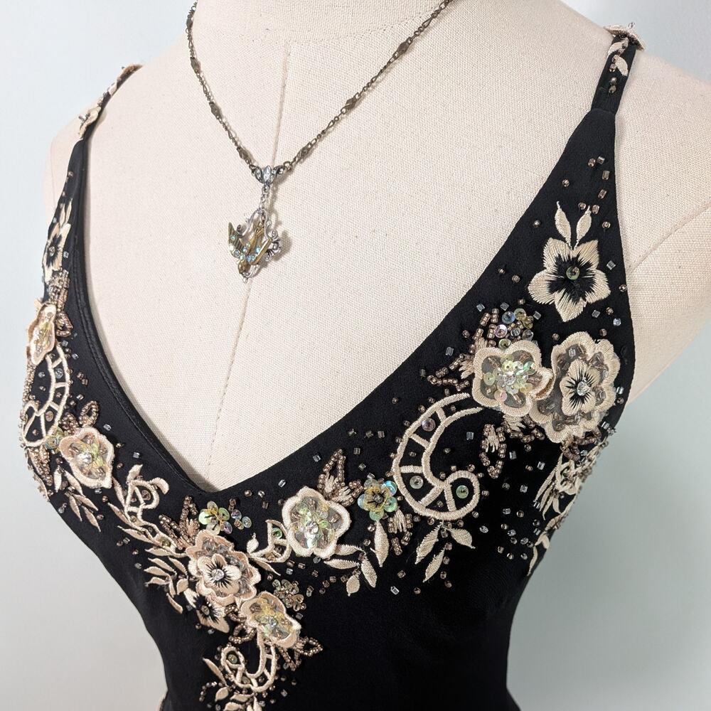 Vintage Cache Silk Midi Dress 6 Slip Floral Embroidered 90S Y2K Black Tan Brown - Picture 7 of 13